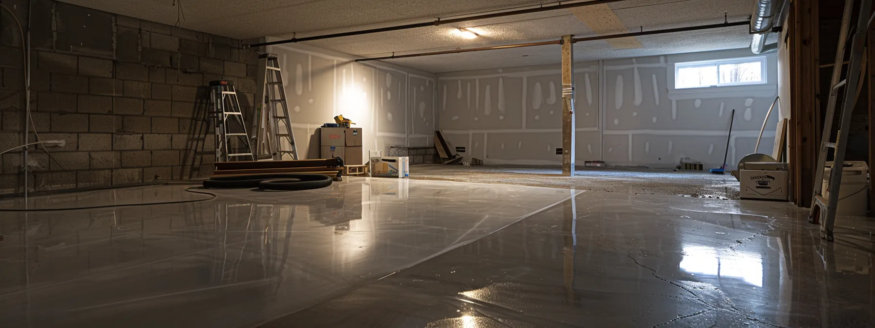 a brightly lit residential basement showcases a contractor expertly applying waterproofing membranes to exposed concrete walls, while another installs a french drain and a sump pump, all within a clean and organized workspace.