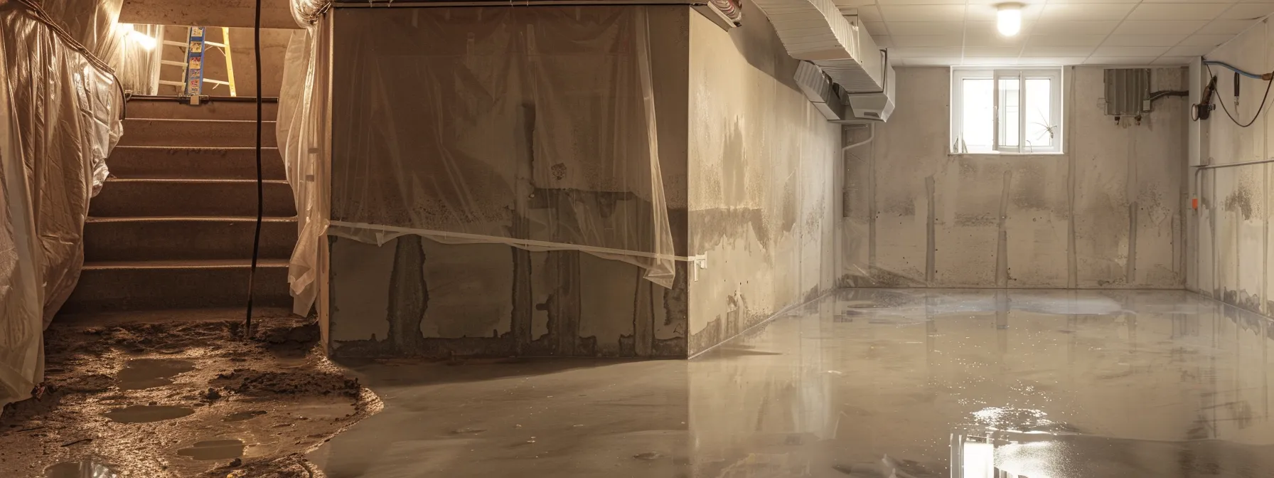 a well-lit basement showcases a professional waterproofing process, with contractors applying waterproofing membranes to exposed concrete walls and installing a french drain, highlighting the importance of meticulous craftsmanship in home protection.