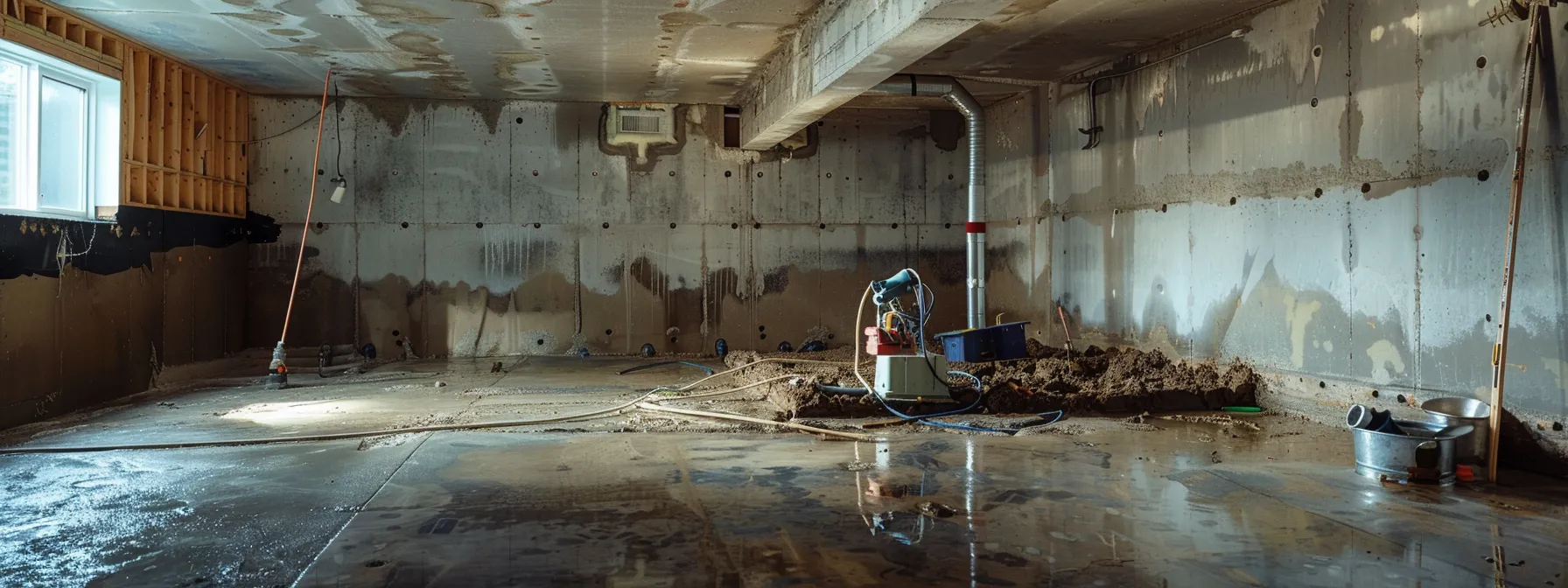 a well-lit residential basement showcases a professional waterproofing project in progress, featuring exposed concrete walls, a contractor applying waterproofing membranes, another sealing cracks with hydraulic cement, and a sump pump ready for installation beside a freshly laid french drain.