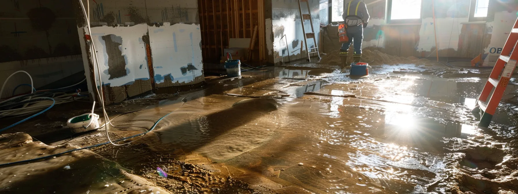 a well-lit, professional basement waterproofing scene showcases a contractor in safety gear sealing cracks with hydraulic cement, while waterproofing membranes are being applied to exposed concrete walls, and a french drain installation progresses alongside a newly placed sump pump in the corner.