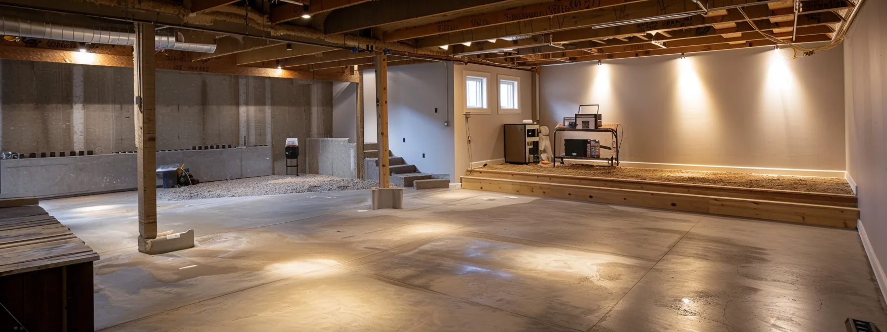 a well-lit residential basement showcases the waterproofing process, featuring exposed concrete walls as a contractor applies waterproof membranes, seals cracks with hydraulic cement, and installs a french drain, while a sump pump awaits placement in a clean and professional workspace.