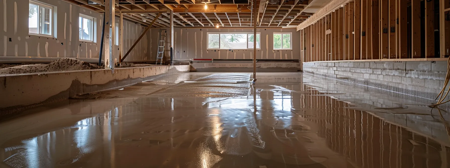 a well-lit basement showcases the waterproofing process with exposed concrete walls, as a contractor professionally applies waterproof membranes and installs a french drain, conveying a sense of efficiency and financial planning for homeowners.