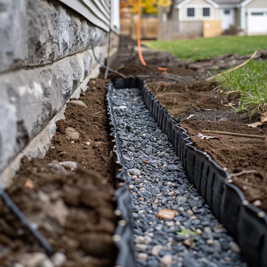 French drain trench with perforated pipe and gravel during installation near a foundation
