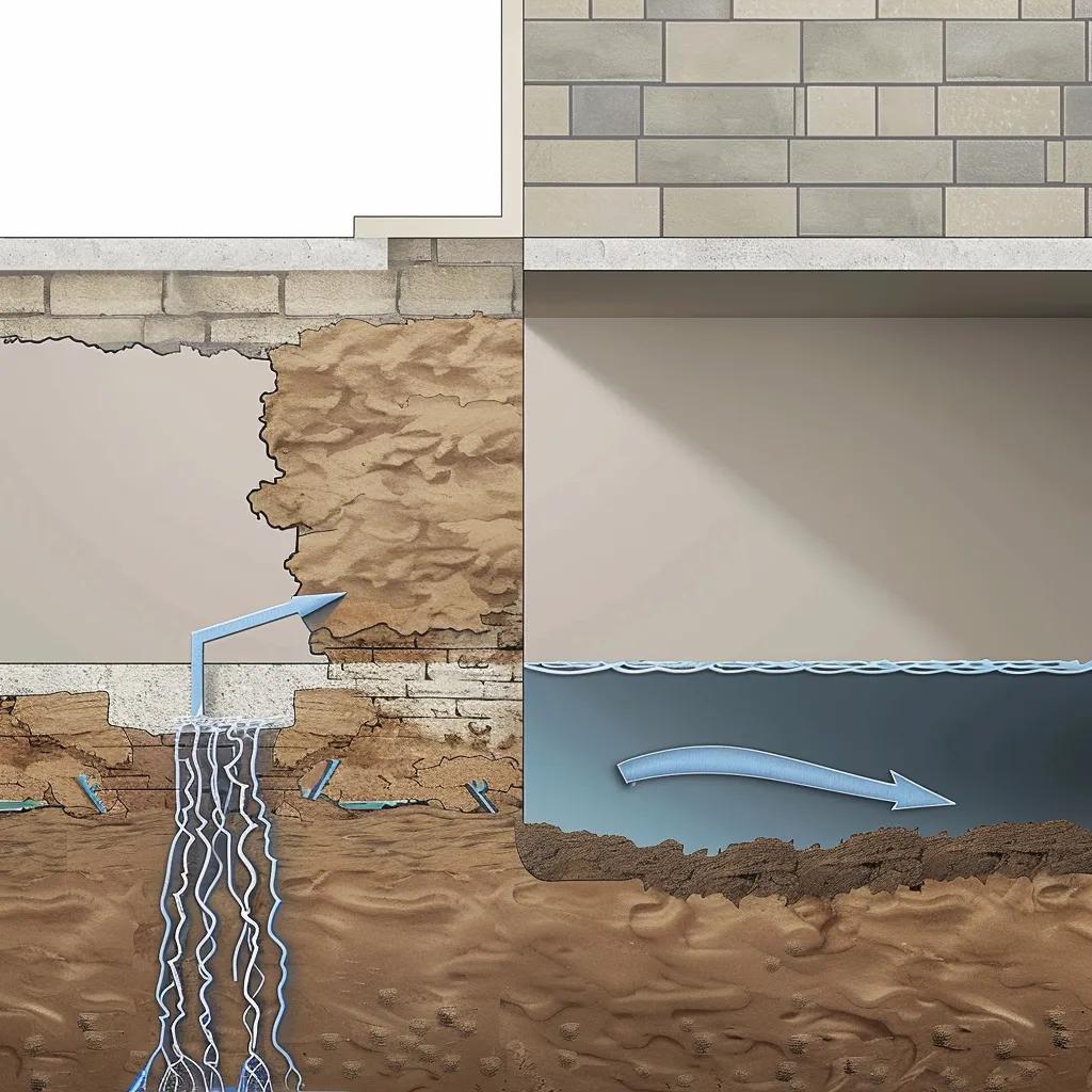 Diagram showing hydrostatic pressure from saturated soil pushing against a basement wall